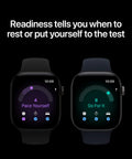 Top Tier Health Smartwatch With Game Changing Heart Rate Sensor Measuring HRV Every Five Minutes For Ultimate Stress Recovery Insights And Full Body Wellness Tracking In Compact 42 mm GPS Case showing readiness metrics on two screens.