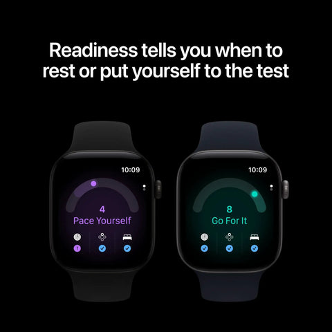 Top Tier Health Smartwatch With Game Changing Heart Rate Sensor Measuring HRV Every Five Minutes For Ultimate Stress Recovery Insights And Full Body Wellness Tracking In Compact 42 mm GPS Case showing readiness metrics on two screens.