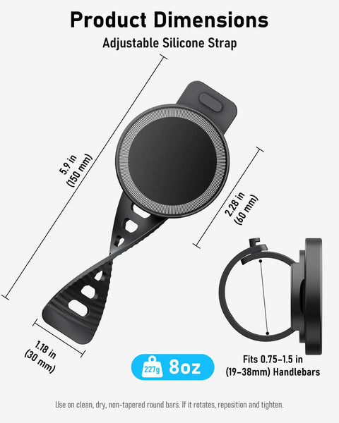 Stroller Phone Holder With MagSafe Compatibility And Magnetic Handlebar Mount For Indoor Use with adjustable silicone strap and dimensions.