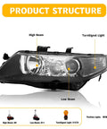 Headlights Assembly With Black Housing Replacement For Acura TSX 2004 2005 Halogen Bulbs AC2518106 AC2519106 shown with parts labels