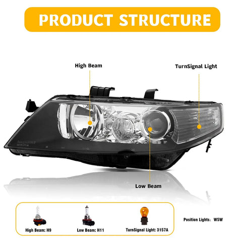 Headlights Assembly With Black Housing Replacement For Acura TSX 2004 2005 Halogen Bulbs AC2518106 AC2519106 shown with parts labels