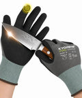 Noodle Your Hands Cut Resistant Work Gloves With Ansi A4 Toughness For Job Sites Slice Through Metal And Glass Without Breaking A Sweat Featuring Grippy Texture And Zero Bulk Flex All Day Long, shown gripping a knife.