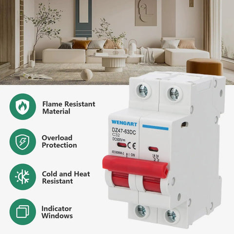 Front view of DC Miniature Circuit Breaker DZ47-63Z 500V 2 Pole 32A for Battery Banks and Solar PV Systems with quick magnetic trip.