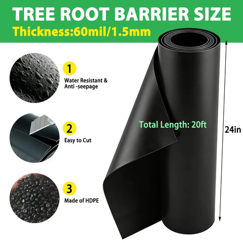 Heavy Duty Bamboo Tree Root Barrier 20ft Long 24in Deep 60mil Thick Weed Blocker showing HDPE material and features