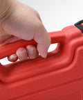Close-up of a hand holding the handle of a red case for 2-Pack 11.5 Inch Spring Compressor Tool Kit With Locking Pin For Suspension Work And Coil Spring Compression, Heavy-Duty MacPherson Strut Service Tool, Ideal For Replacing Struts, Shocks, And Bent Parts