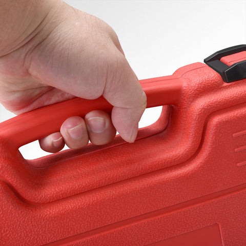 Close-up of a hand holding the handle of a red case for 2-Pack 11.5 Inch Spring Compressor Tool Kit With Locking Pin For Suspension Work And Coil Spring Compression, Heavy-Duty MacPherson Strut Service Tool, Ideal For Replacing Struts, Shocks, And Bent Parts