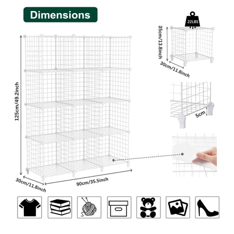 Wire Cube Storage Organizer With 12 Metal Cubes Bookshelf And Closet Storage Unit showing dimensions and assembly details.