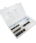 Heavy Duty Self Locking Threaded Inserts Kit With Sixty Pieces Of Thin Wall Fractional Sizing in clear storage case with drill bits.