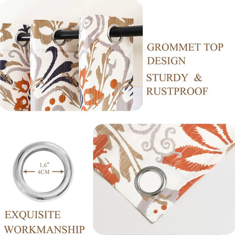 Privacy Boho Curtains 84 Inches Long 2 Panels Set Orange Brown Light Filtering Drapes Grommet Top Botanical Pattern Close-up