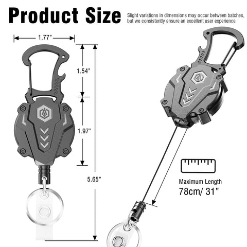Diagram of 2 Pack Heavy Duty Retractable Keychain And Badge Reel Carabiner With Magnetic Closure showing dimensions and 31 inch Dyneema cord.
