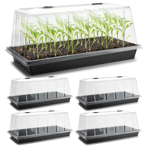 All In One Extra Tall 7.3 Inch Humidity Dome Seed Starter Tray Set 5 pack with clear lids and no hole flats for balcony garden