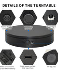 Details of Foxvee Remote Control Electric Turntable Display Stand 360 Degree Silent Spinning Platform controls and features.