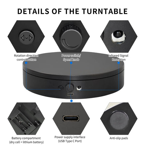 Details of Foxvee Remote Control Electric Turntable Display Stand 360 Degree Silent Spinning Platform controls and features.