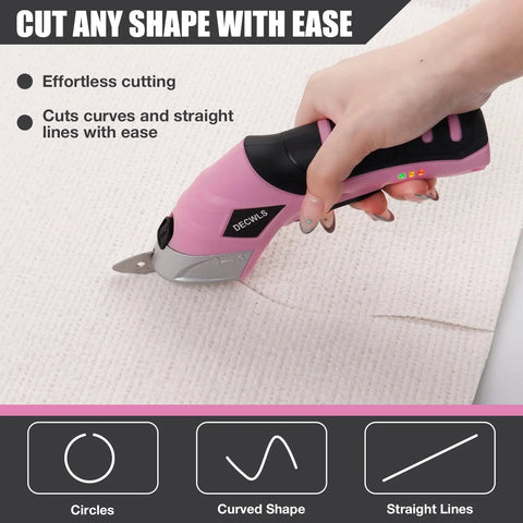 Hot 4V Cordless Electric Scissors With 3 Sharp Blades For Fabric And Cardboard cutting fabric effortlessly with a pink handheld shear.