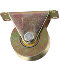 Heavy Duty Workhorse V Groove Wheel Runs As A Solid Sliding Gate Caster, steel construction with yellow bearing for smooth tracking.