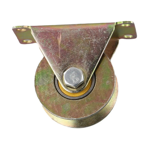 Heavy Duty Workhorse V Groove Wheel Runs As A Solid Sliding Gate Caster, steel construction with yellow bearing for smooth tracking.