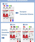 Wiring diagram for Heavy Duty Ground Fault Circuit Breaker With Surge Protection For DIN Rail Mount Two Pole 63 Amp 120V To 240V AC Leakage Trip 30mA Short Circuit Protection And Circuit Isolation
