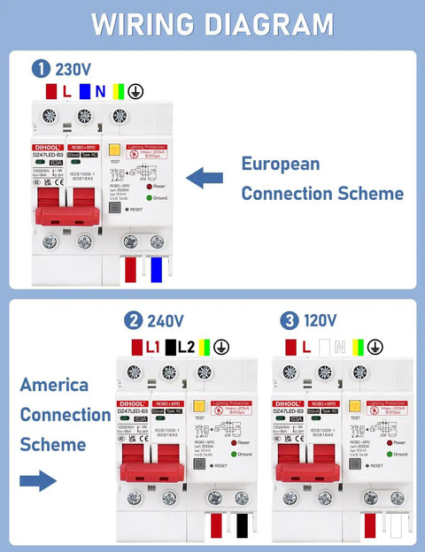 Wiring diagram for Heavy Duty Ground Fault Circuit Breaker With Surge Protection For DIN Rail Mount Two Pole 63 Amp 120V To 240V AC Leakage Trip 30mA Short Circuit Protection And Circuit Isolation