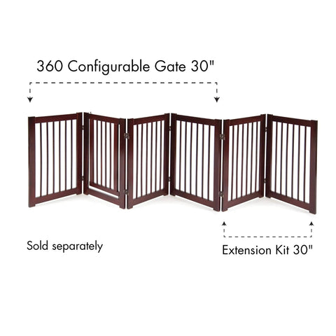 Extension Kit For 360 Configurable Walk Through Folding Pet Gate In Walnut Finish, 30 Inch Wide, connected to main gate.