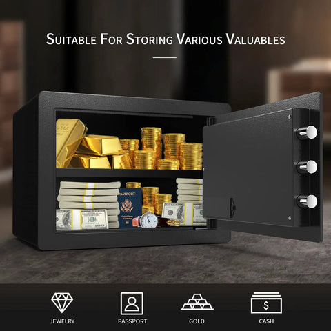 Open Heavy Duty Steel Money Safe Box With Electronic Digital Keypad And Knob, 0.77 Cu Ft Security Safe, showcasing valuables.
