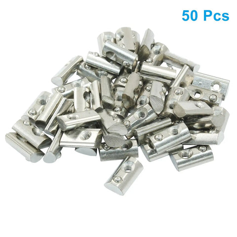 Badass M3 Half Round Roll In T Nuts 50 Pack Sliding Snap Action Fasteners for 2020 Aluminum Extrusion Profiles stacked together.
