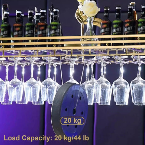 Iron Ceiling Mount Wine Rack Cabinet with bottles and hanging glasses, heavy duty, supports up to 44 lbs, gold finish.