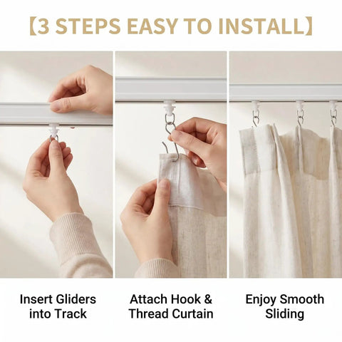 100 Pack Curtain Track Hooks And Gliders Set With 50 White Plastic Rollers And 50 Metal S Hooks installation steps