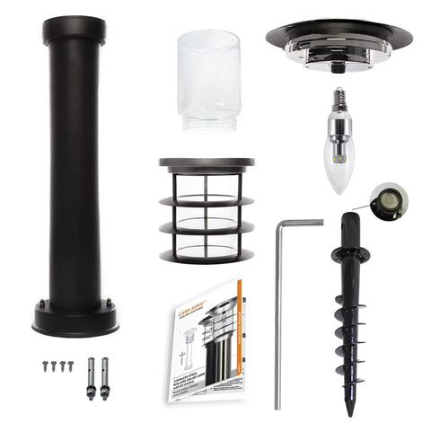 Components of Solar Pathway Light With Stainless Steel Bollard, Waterproof Outdoor Landscape LED Lamp, unassembled view
