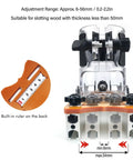 Top Tier Aluminum Wood Trimmer Router Base With Adjustable Slotting Bracket, clear design, ruler for precise adjustments, fits 6 to 56 mm shafts.