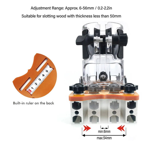 Top Tier Aluminum Wood Trimmer Router Base With Adjustable Slotting Bracket, clear design, ruler for precise adjustments, fits 6 to 56 mm shafts.