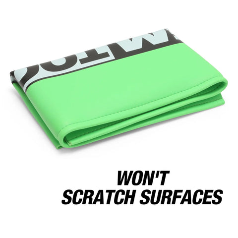 Heavy Duty Vinyl Fender Cover For Mechanics In The Pro Shop, folded green surface mat with "Won't Scratch Surfaces" text
