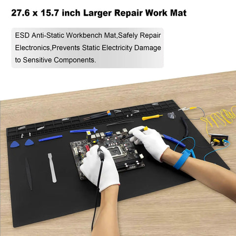 Person using Extra Large Anti Static Soldering Mat with grounding accessories and wrist strap, 27.6 x 15.7 inch, black.