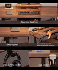Slick Adjustable Standing Desk With Smart Memory Height Presets, Rock Solid Sit Stand Office Console, Seamless Ergonomic Computer Desk Boasting Cup Holder Headphone Clip, Smooth Motor Lift In Matte Black 140X70 showing spacious desktop with smart panel, headphone holder, and cup holder.