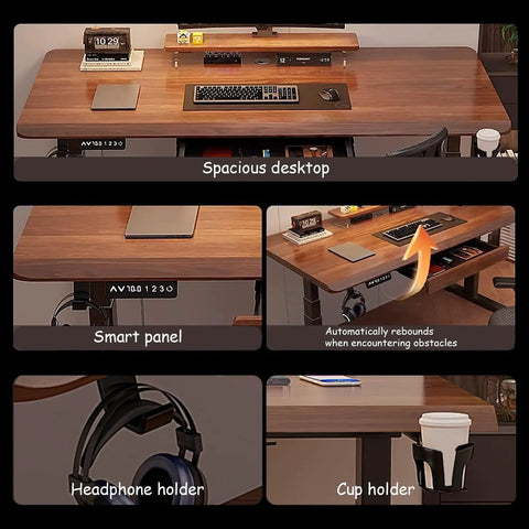Slick Adjustable Standing Desk With Smart Memory Height Presets, Rock Solid Sit Stand Office Console, Seamless Ergonomic Computer Desk Boasting Cup Holder Headphone Clip, Smooth Motor Lift In Matte Black 140X70 showing spacious desktop with smart panel, headphone holder, and cup holder.