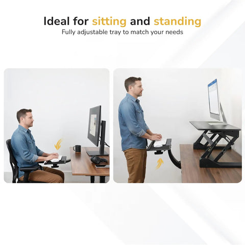 Image of Adjustable Under Desk Keyboard And Mouse Tray Smooth Glide Platform showing ergonomic use for sitting and standing.