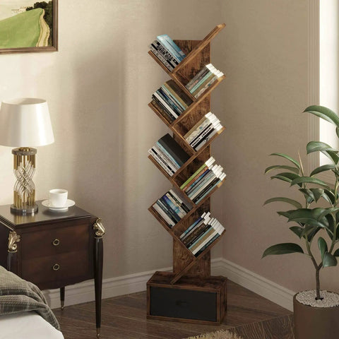 Dope Vintage Tree Bookshelf With Nine Shelves And Side Drawer, Solid Wooden Corner Storage Rack For Books Vinyl Records Decor, Rustic Brown Shelf Vibe Straight Fire Display For Your Chill Space