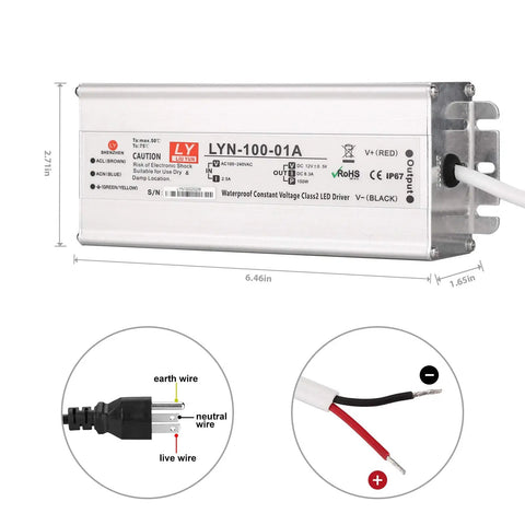 Heavy Duty 100W 12V DC LED Driver Power Supply For Indoor And Outdoor LED Light Bars And String Lights IP67 Waterproof Transformer 110V AC To 12V DC 3 Pin Plug Cable Auto Short Circuit Overload And Overheat Protection