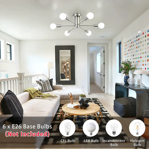 Six Light Sputnik Ceiling Light Fixture In Brushed Nickel, Semi Flush Mount, Mid Century Modern Chandelier in living room setting.