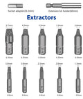 Diagram of Damaged Screw Extractor Set 22 PC Stripped Kit For Broken Bolts And Screws HSS Remover Tool with extractor sizes.