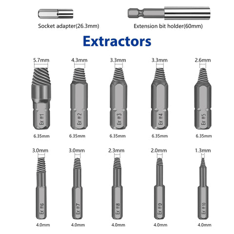 Diagram of Damaged Screw Extractor Set 22 PC Stripped Kit For Broken Bolts And Screws HSS Remover Tool with extractor sizes.