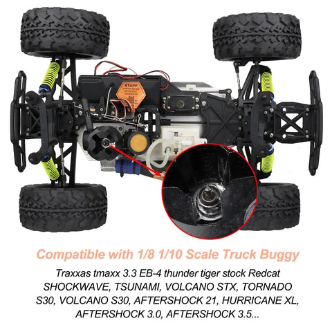 Bottom view of RC truck chassis with Six Pack Glow Plug No 4 Medium Hot For One Eighth And One Tenth Nitro RC Cars And Trucks
