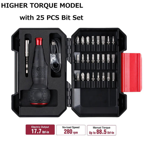 High Torque E Assist Screwdriver With 25 Piece Bit Set In Hard Case including 24 bits, bit holder, and charging cable two way power