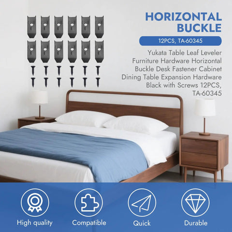 12 Sets Table Leaf Leveler Locks With Buttery Smooth Gliding Bars, Heavy Duty Extension Hardware Kit To Keep Your Drop Surfaces Rock Solid, Black Metal Horizontal Buckle Latches With Mounting Screws displayed on a wall.