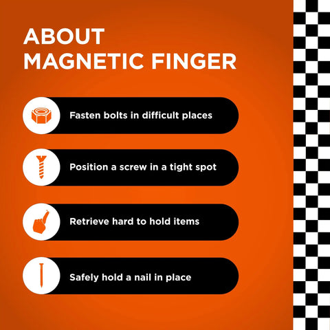 Graphic showing features of Grip Ready Magnetic Glove Pick Up Tool With Powerful Tip Magnet, like fastening bolts and holding nails in place.