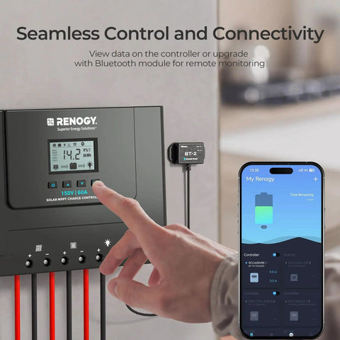 Person setting up 60A MPPT Solar Charge Controller For 12V 24V 36V 48V Auto Detect With 150V Max Solar Input, Bluetooth connectivity