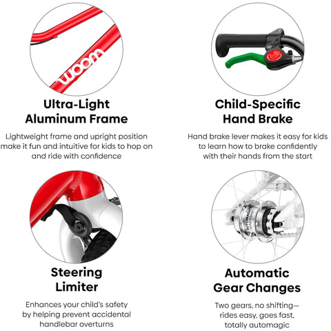 Diagram highlighting features of Go 3 Automagic 16 Inch Kids Bicycle with automatic two-speed shifter, hand brakes, steering limiter, chainguard.