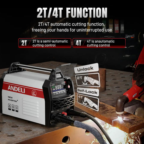 Non-Touch Pilot Arc Plasma Cutter 50A for DIYers, 110/220V, showing 4.05 inch LED display and 2T/4T cutting operation.