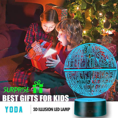 Lit 3D Night Light Lamp With 3 Pattern Modes And 16 Color Changing LEDs Remote Timer Control Realistic 3D Illusion Decor For Bedroom And Living Room Dope Gift For Boys Men Kids Fans displayed next to children opening gifts by a Christmas tree.