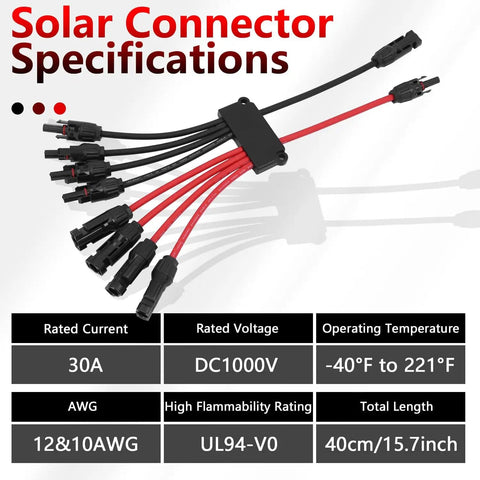 Parallel Panel Connectors Kit For Four Panels, 30A DC1000V splitter with specifications and IP68 waterproof rating.