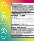 Ingredients and labels for Sweet Watermelon Lip Balm Trio, Peaches And Cream Lip Balm, Pink Lemonade Lip Balm, 0.15 Oz Each.